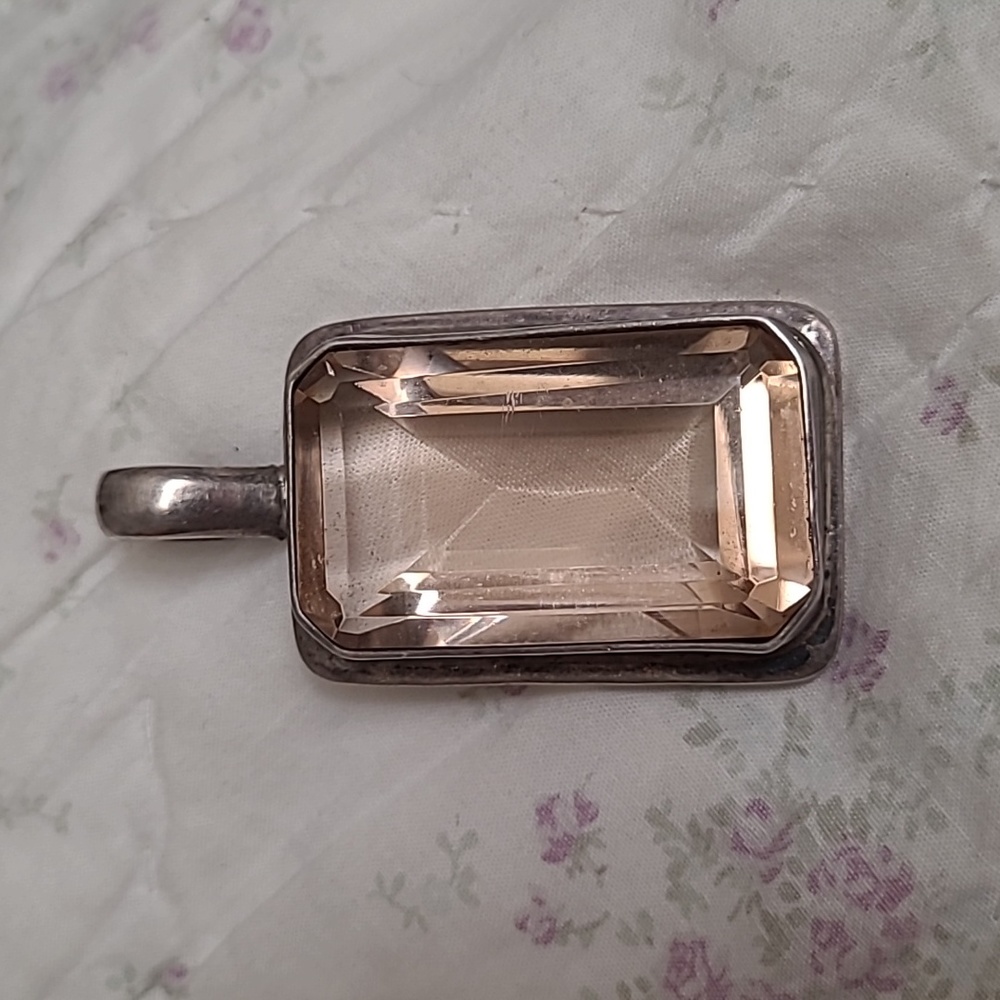 Large Silver Pendant Charm Clear Pink Stone Vintage